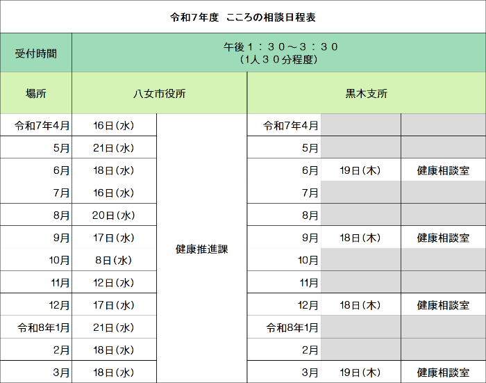 令和7年度こころの相談年間日程表
