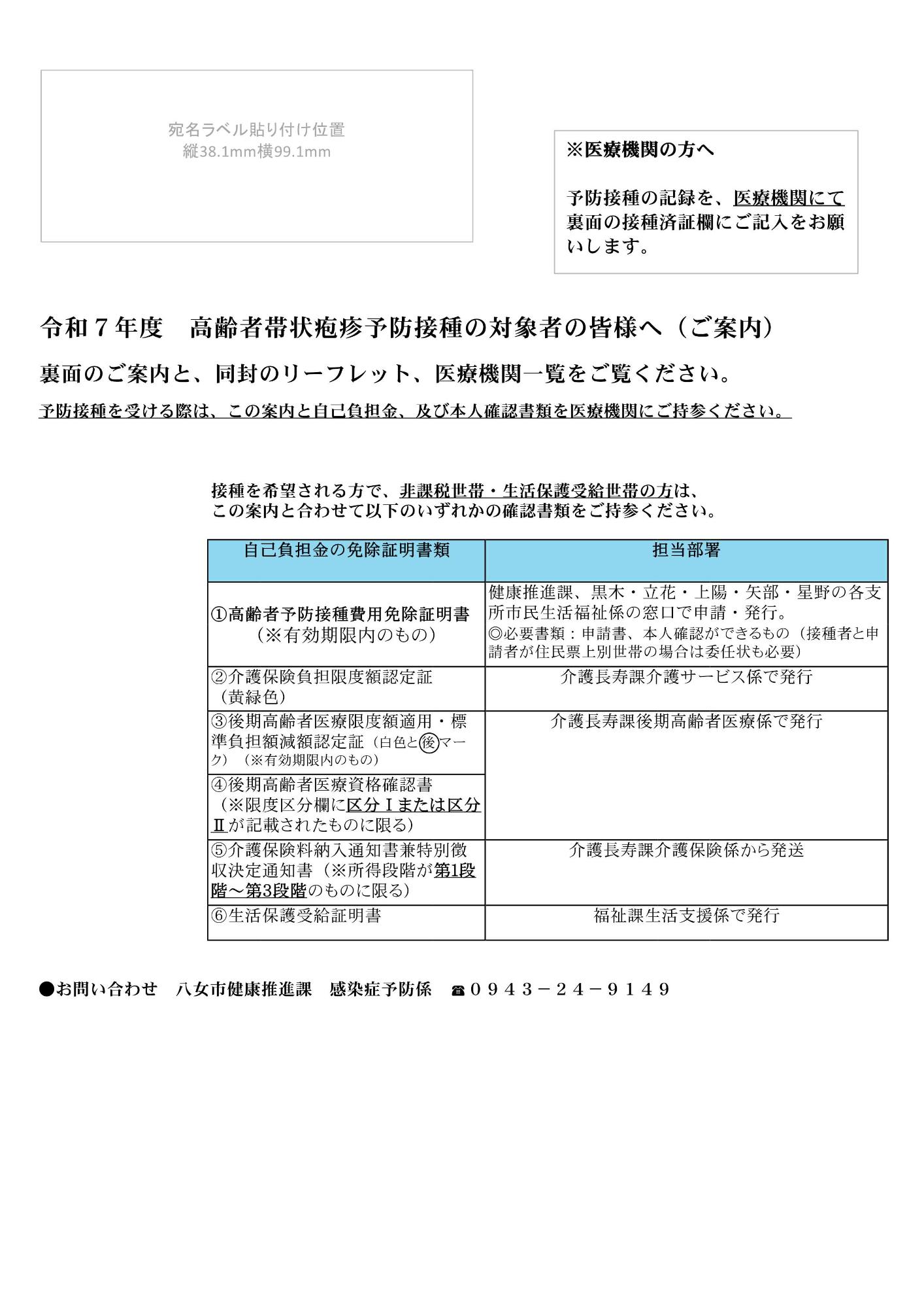 帯状疱疹接種案内(表)