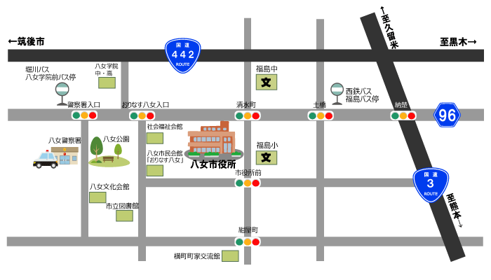 八女市役所までの簡易地図