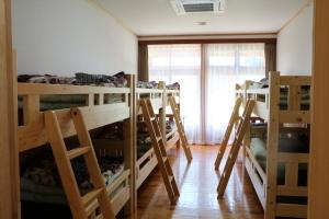 大きな2つの窓から明るい光が射しこんでおり、2段ベッドが右に2つ、左に3つ並んで壁側に設置されている、洋室10人部屋の洋間の写真