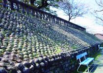 （写真）きれいな玉石積みが残る福島八幡宮