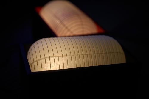 展示された提灯、箱に入り横になっている